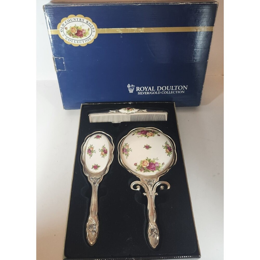 Royal Doulton Old Country Roses 3 Pc Dresser Set Mirror Brush Comb W/ Box Vanity